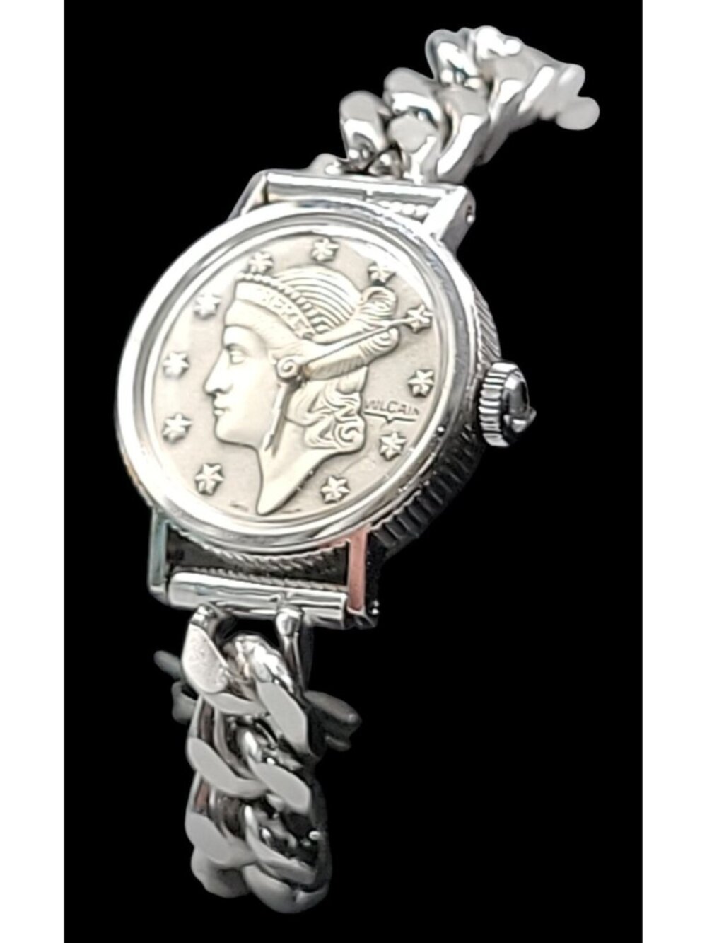 Vtg Vulcain Ladies Liberty Coin Wind Watch 24mm Original Hadley Kalb'E Band 6.5"